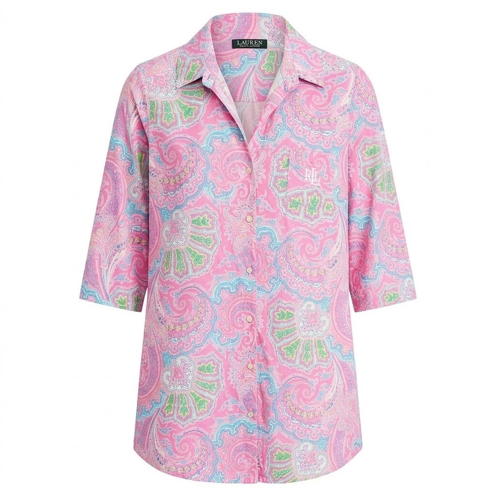 Lauren Ralph Lauren 2X Pink Paisley Button Front Night Shirt 3/4 Sleeve Cotton
